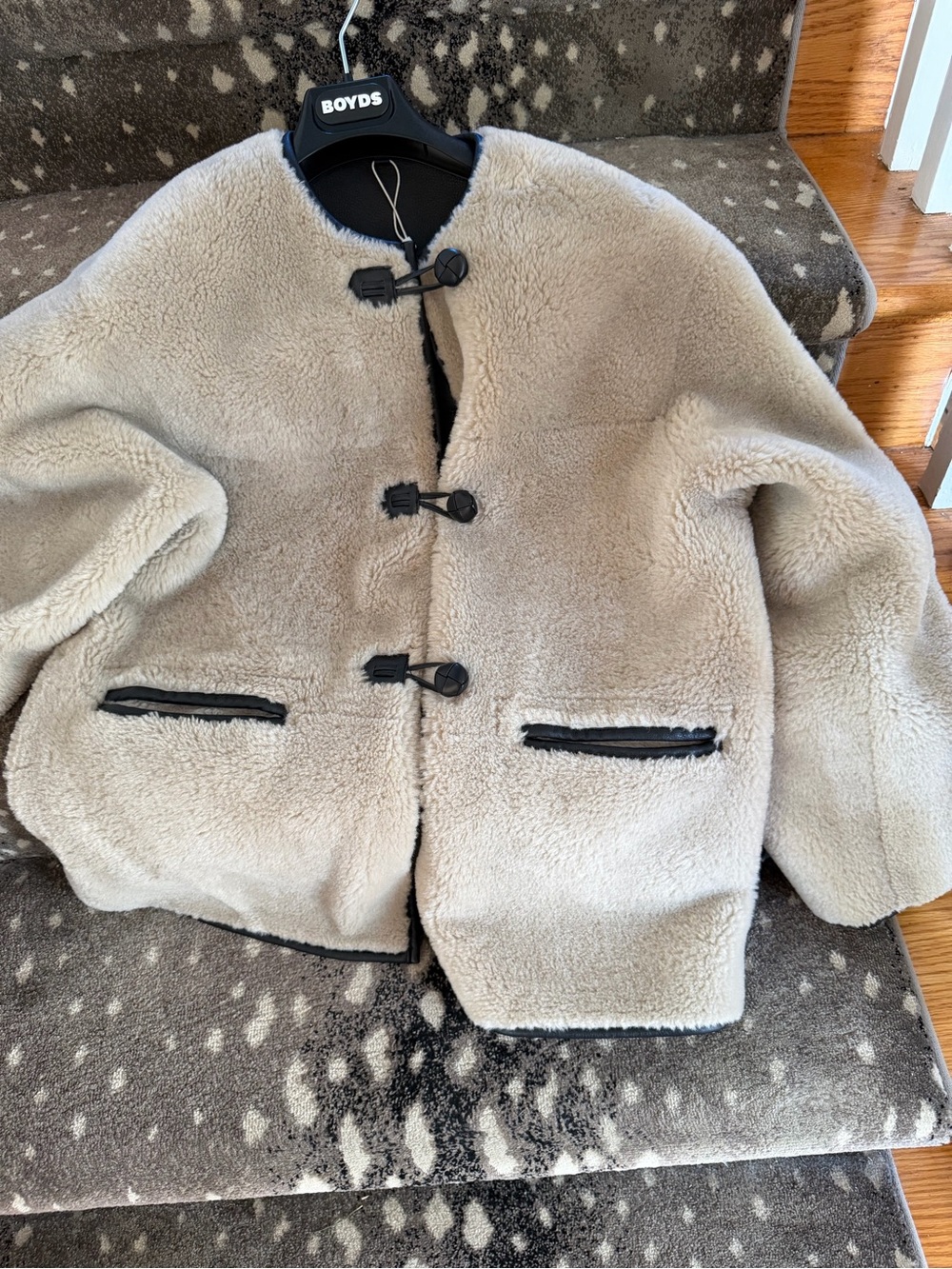 Mango Faux Shearling Toggle Coat in Beige with Black Accents